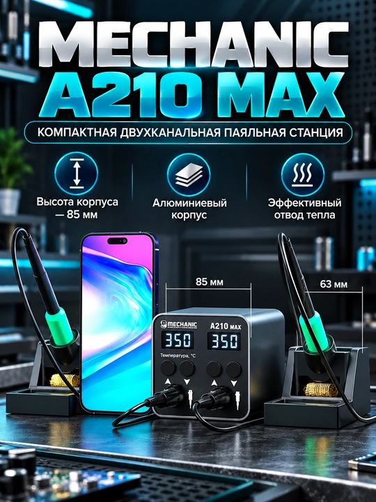 Ikki dona uchlik bilan jihozlangan MECHANIC A210 MAX lehimlash stansiyasi