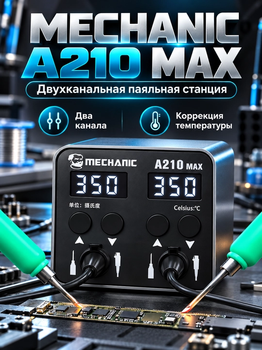 Ikki dona uchlik bilan jihozlangan MECHANIC A210 MAX lehimlash stansiyasi