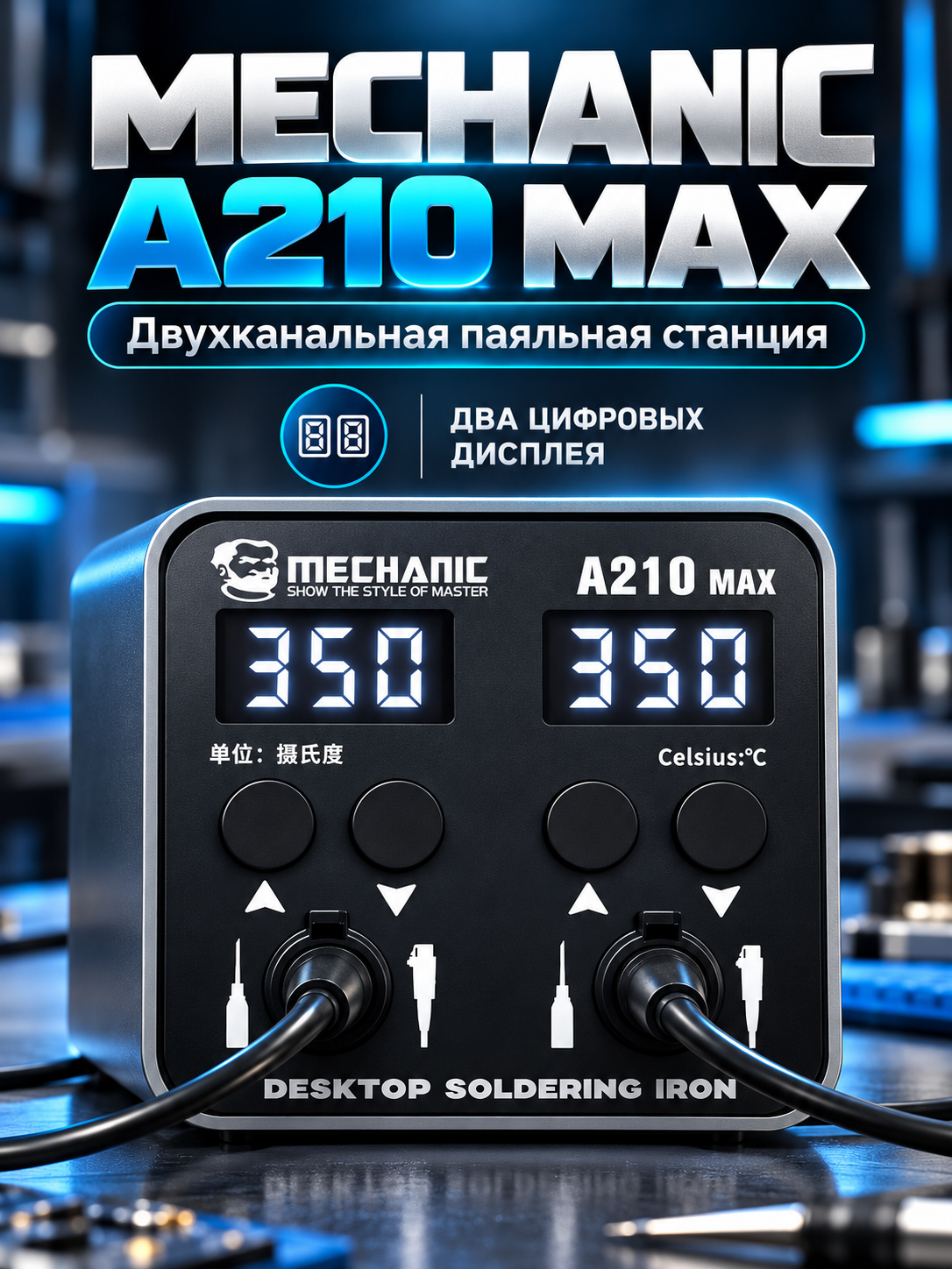 Ikki dona uchlik bilan jihozlangan MECHANIC A210 MAX lehimlash stansiyasi