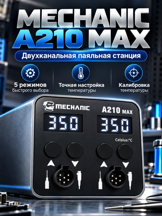 Ikki dona uchlik bilan jihozlangan MECHANIC A210 MAX lehimlash stansiyasi