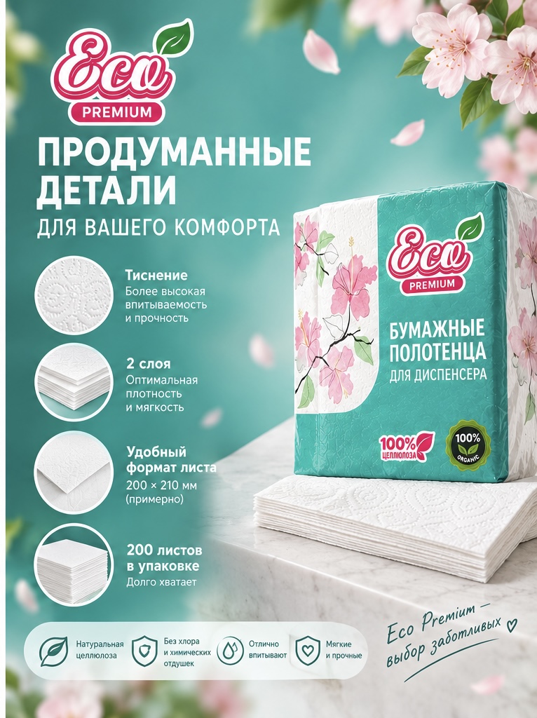 Dispenser uchun Eco Premium qog'oz sochiqlar 2 qatlamli - 