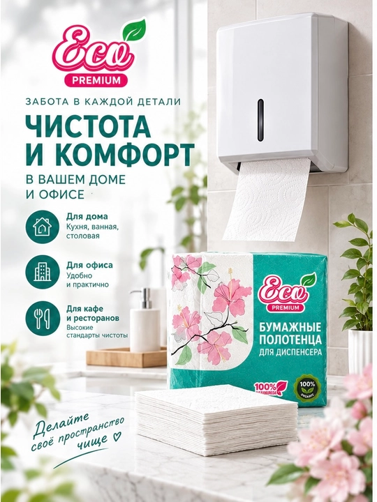 Бумажные полотенца для диспенсера Eco Premium 2-слойные