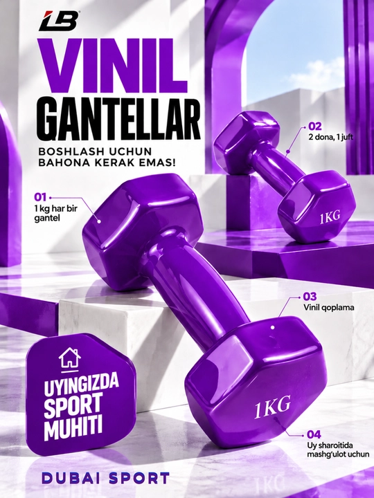 Vinil gantellar 0.5 kg dan 4 kg gacha, to'plamda 2 dona