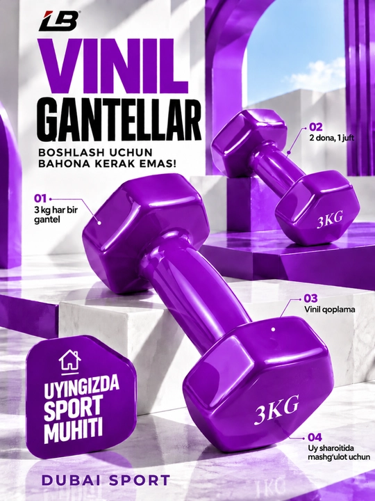 Vinil gantellar 0.5 kg dan 4 kg gacha, to'plamda 2 dona
