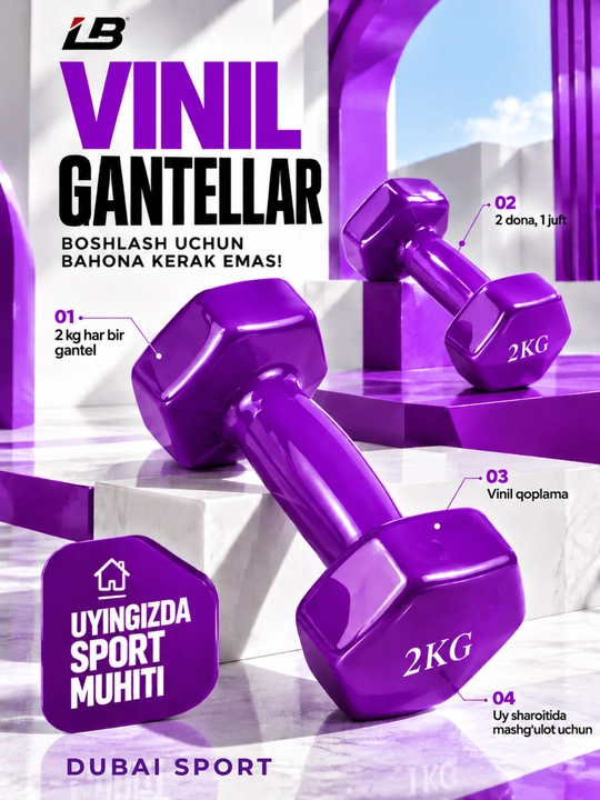 Vinil gantellar 0.5 kg dan 4 kg gacha, to'plamda 2 dona