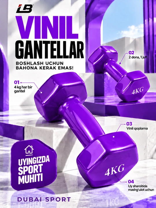 Vinil gantellar 0.5 kg dan 4 kg gacha, to'plamda 2 dona