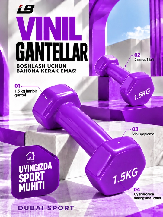 Vinil gantellar 0.5 kg dan 4 kg gacha, to'plamda 2 dona