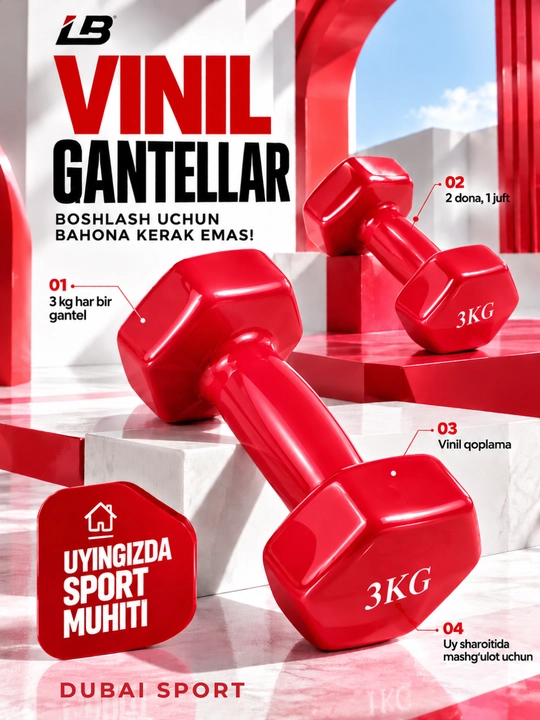 Vinil gantellar 0.5 kg dan 4 kg gacha, to'plamda 2 dona