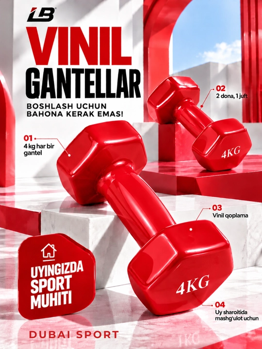 Vinil gantellar 0.5 kg dan 4 kg gacha, to'plamda 2 dona