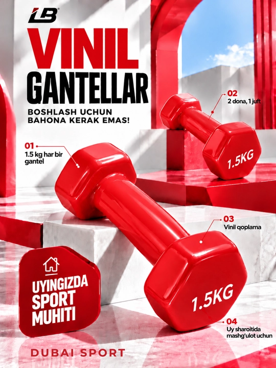 Vinil gantellar 0.5 kg dan 4 kg gacha, to'plamda 2 dona