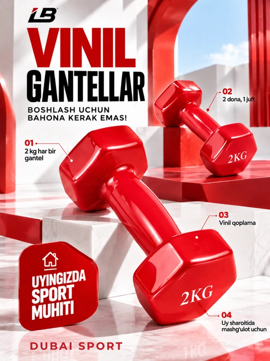 Vinil gantellar 0.5 kg dan 4 kg gacha, to'plamda 2 dona