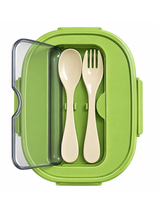3 bo‘limli yashil lunch-box, qoshiq va sanchqi bilan, qopqoqli ovqat idishi