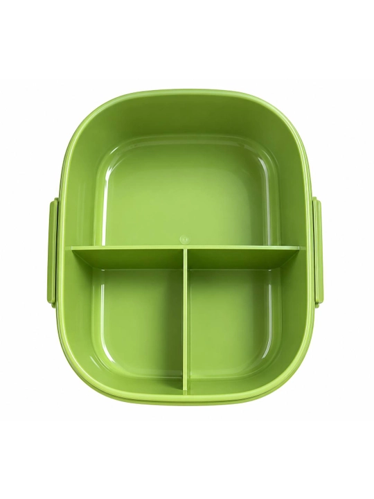 3 bo‘limli yashil lunch-box, qoshiq va sanchqi bilan, qopqoqli ovqat idishi