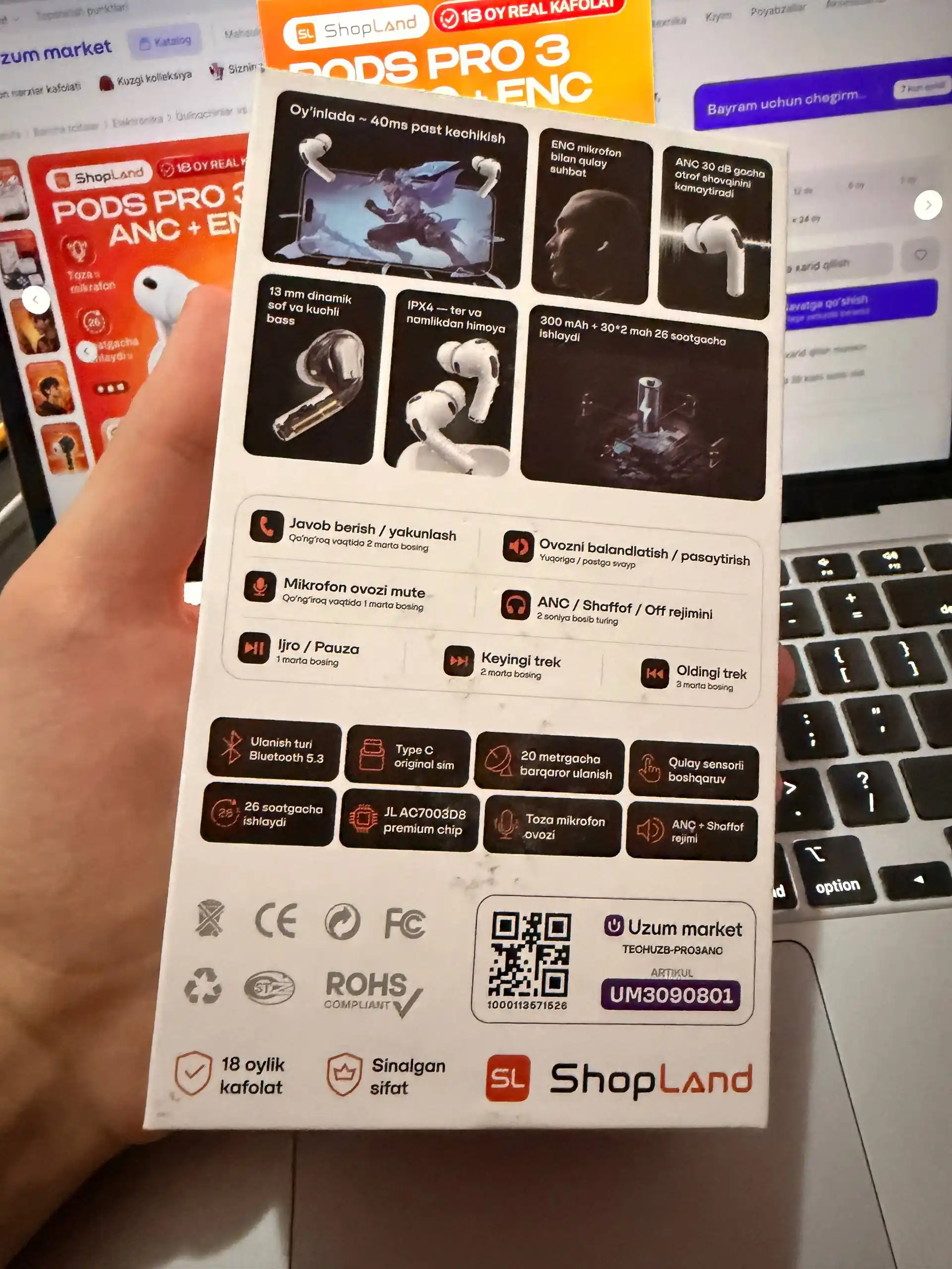 ShopLand Pro 3 ANC + ENC — simsiz premium quloqchinlar, mikrofonli iPhone va Android uchun