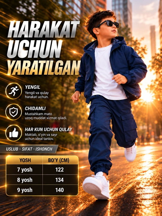 O‘g‘il bolalar uchun 3ta1 da bolalar to‘plami,uzun yengli kapyushonli kurtka va kargo shim