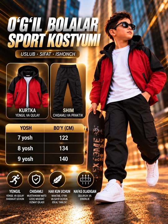 O‘g‘il bolalar uchun 3ta1 da bolalar to‘plami,uzun yengli kapyushonli kurtka va kargo shim