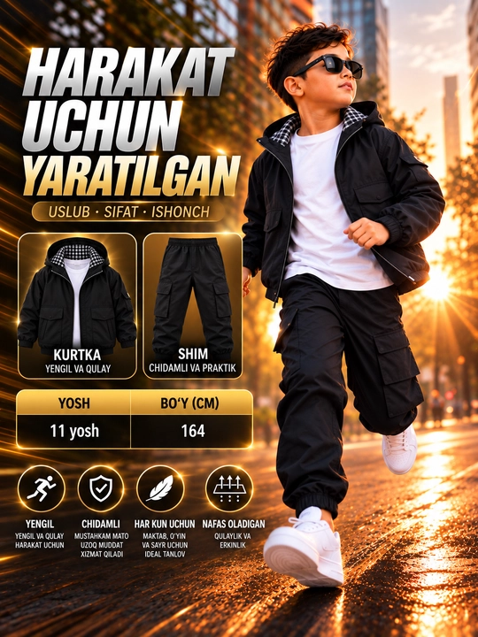 O‘g‘il bolalar uchun 3ta1 da bolalar to‘plami,uzun yengli kapyushonli kurtka va kargo shim