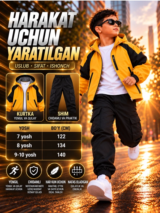 O‘g‘il bolalar uchun 3ta1 da bolalar to‘plami,uzun yengli kapyushonli kurtka va kargo shim