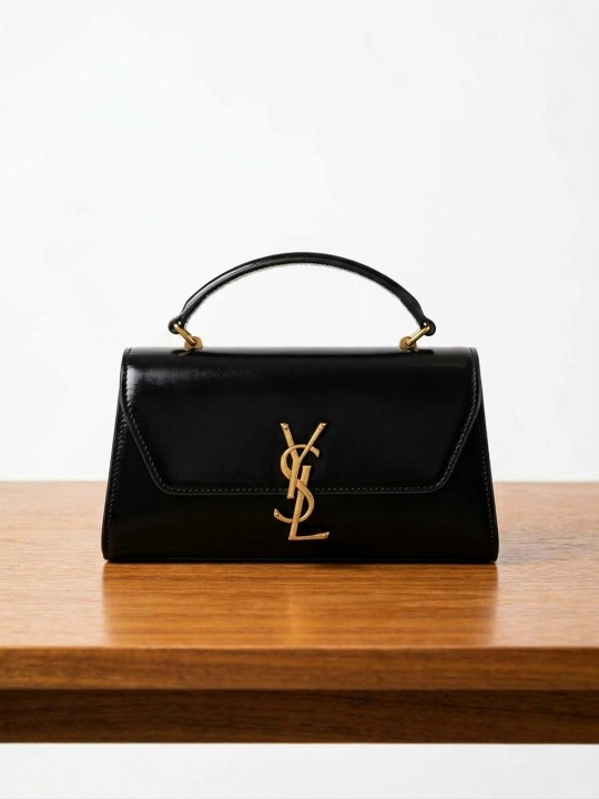 Ayollar uchun qora rangli, oltin rangli YSL logotipli nafis qo‘l sumkasi - 