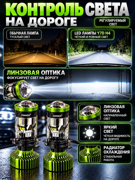 LED лампы для автомобильных фар, Y7D H4 Mini Lens, комплект из двух ламп ZIMMER для машины