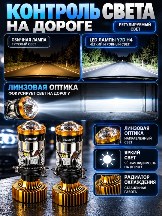 Avtomobil faralari uchun LED lampalar, Y7D H4 Mini Lens, ZIMMER LED lampalar to‘plami 50W!
