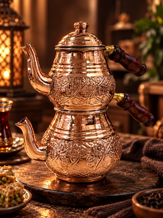 Turkcha ikki qavatli choynak (Chaydonlik) – mis rang qoplamali choy damlash to‘plami
