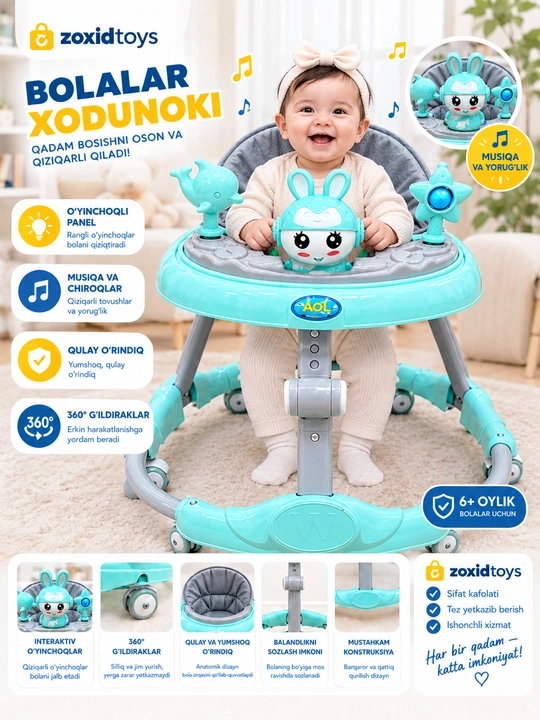 Yig‘iladigan, yumshoq g‘ildirakli yoritgichli bolalar Xodunogi - 