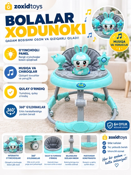 Yig‘iladigan, yumshoq g‘ildirakli yoritgichli bolalar Xodunogi