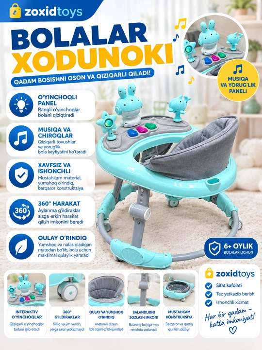 Yig‘iladigan, yumshoq g‘ildirakli yoritgichli bolalar Xodunogi