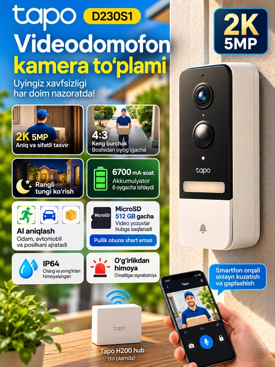 Tapo D230S1 — 2K 5MP akkumulyatorli aqlli videodomofon - 