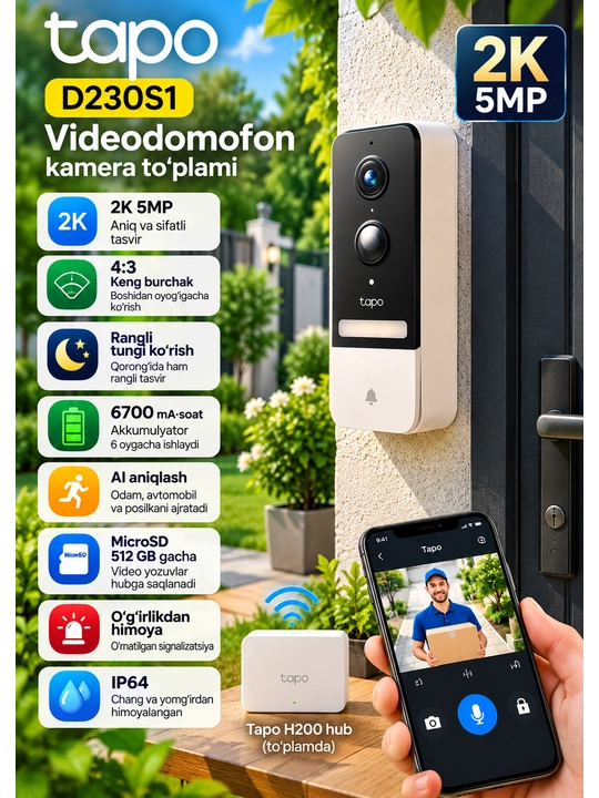 Tapo D230S1 — 2K 5MP akkumulyatorli aqlli videodomofon