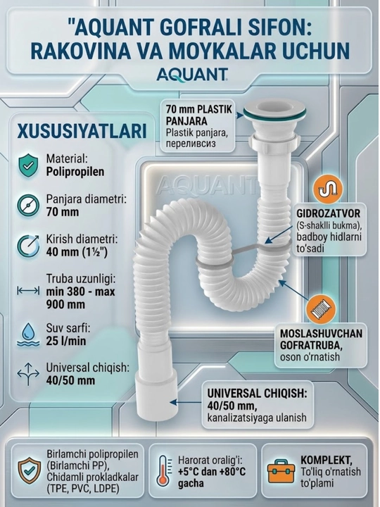 Aquant гофрированный сифон 1 1/2"x40/50, с пластиковой решеткой (PF103-60-MR) - 