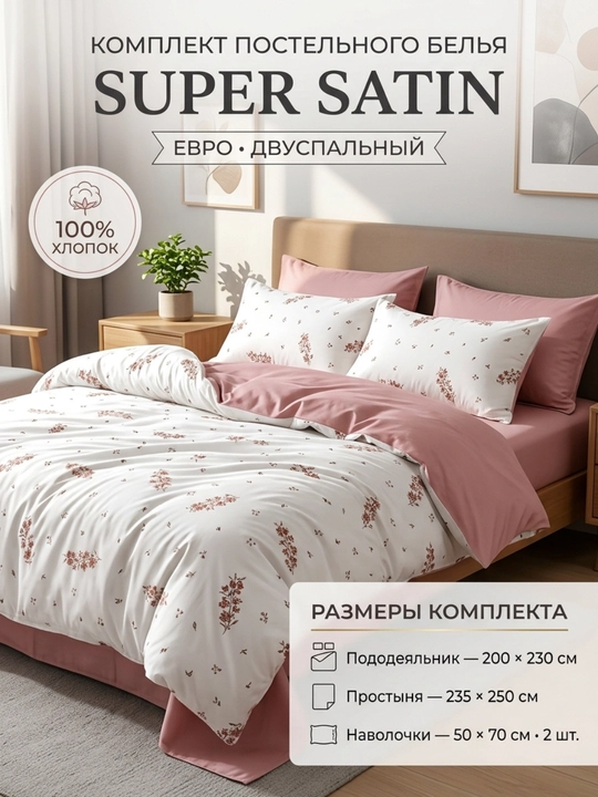 Постельное бельё евро Super Satin, 100% хлопок, 2-спальный комплек - 