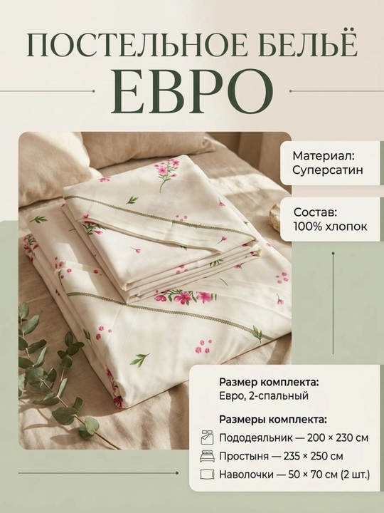 Постельное бельё евро Super Satin, 100% хлопок, 2-спальный комплек - 