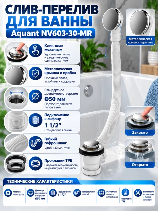 Aquant Выпуск 1 1/2 для ванны NV603-30-MR