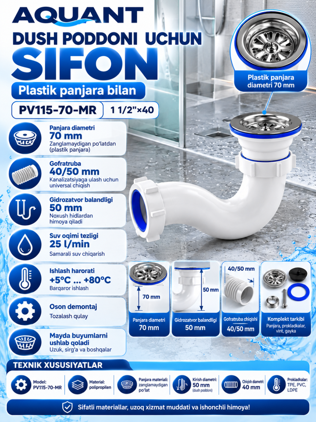 Сифон Aquant для душевого поддона, 1 1/2×40, пластиковая решетка PV115-70-MR - 
