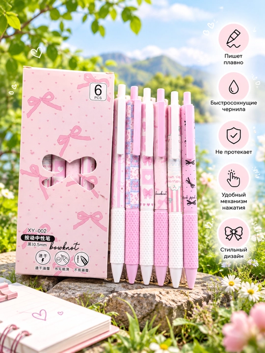 Gel ruchkalar to‘plami, 6 dona, pushti korpus, qora siyoh, 0,5 mm, prujinali - 