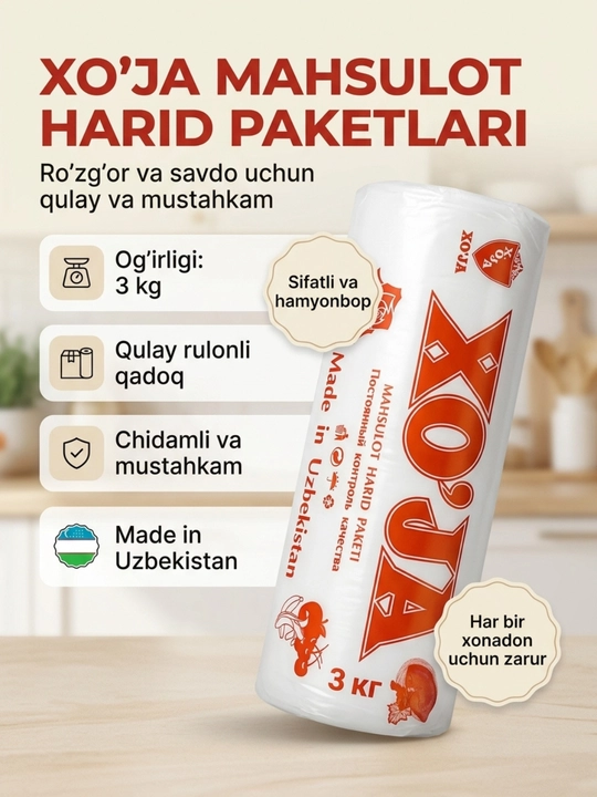 XO`JA rulonli qadoqlangan paketlar 28x38 sm, bardoshli polietilen, 150 dona, 3 kg gacha