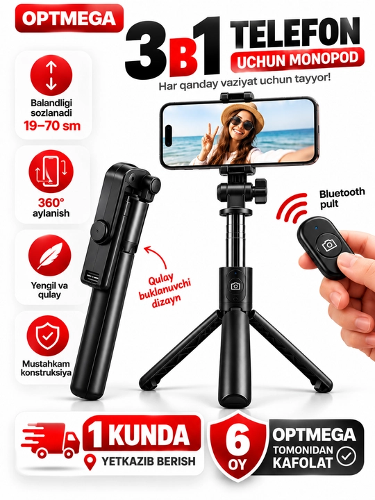 Selfie Stick Tripod L03 Bluetooth Pultli, 70 sm Monopod va Telefon Shtativi 3v1 - 