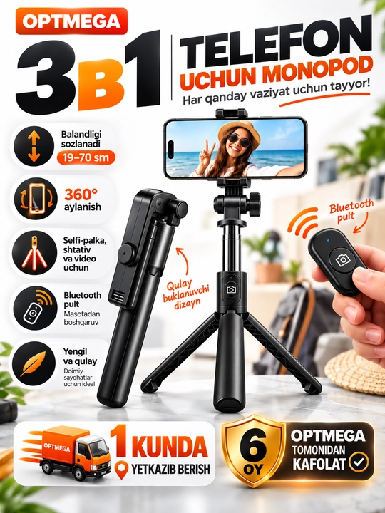 Selfie Stick Tripod L03 с Bluetooth Пультом, Монопод и Штатив для Телефона 3в1 до 70 см - 