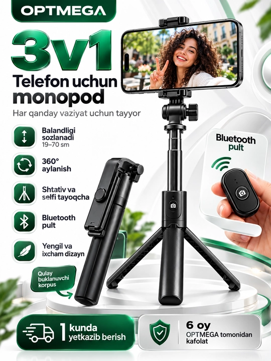 Selfie Stick Tripod L03 Bluetooth Pultli, 70 sm Monopod va Telefon Shtativi 3v1 - 