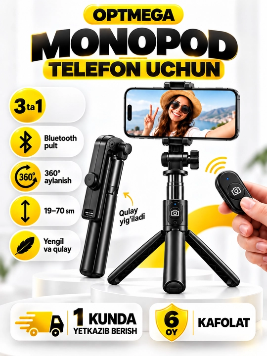 Selfie Stick Tripod L03 Bluetooth Pultli, 70 sm Monopod va Telefon Shtativi 3v1 - 