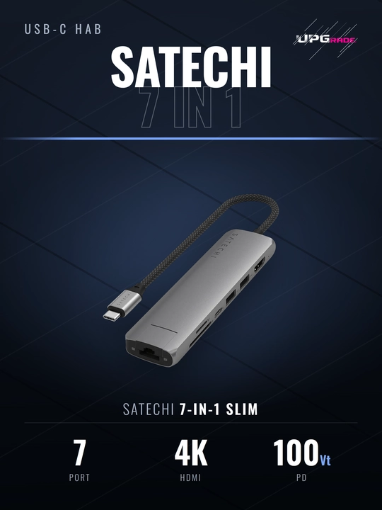 USB-C hab Satechi 7 in 1 Slim, HDMI 4K 60 Gts, Ethernet, SD, PD 100 Vt, kulrang