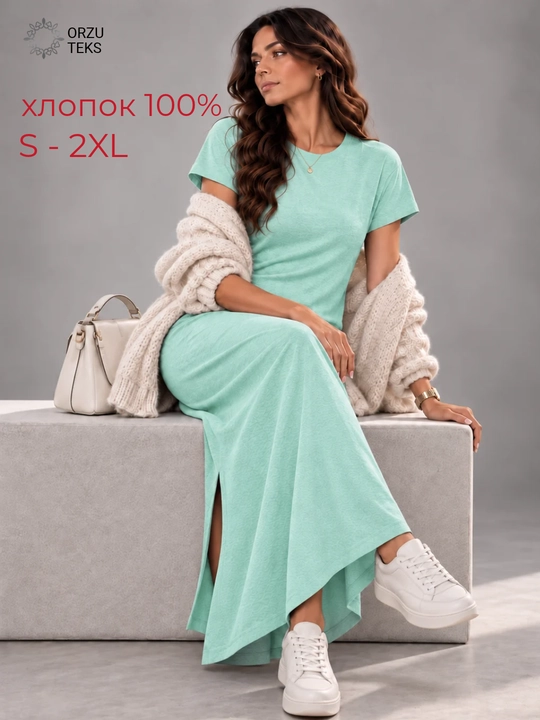 Платье женское, повседневное, длинное, миди, свободное, 100% хлопок, ORZU-TEKS - 