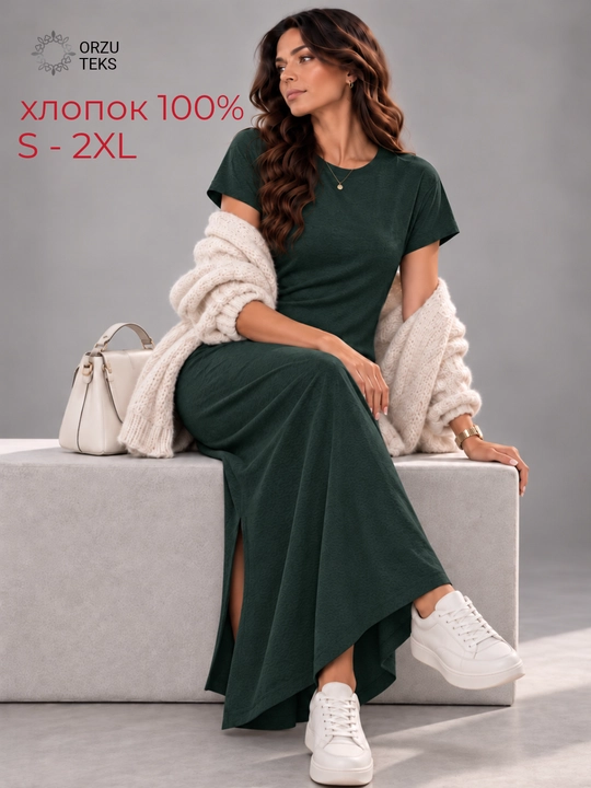 Платье женское, повседневное, длинное, миди, свободное, 100% хлопок, ORZU-TEKS - 