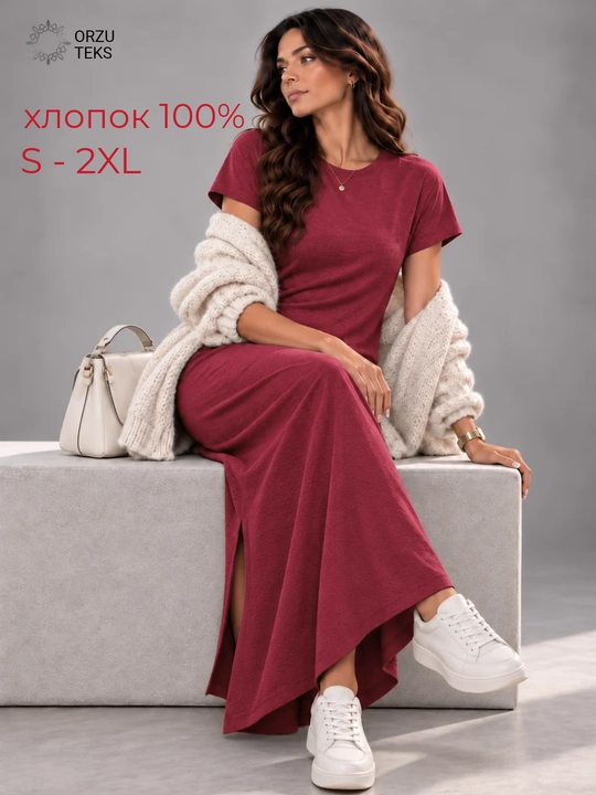 Платье женское, повседневное, длинное, миди, свободное, 100% хлопок, ORZU-TEKS - 