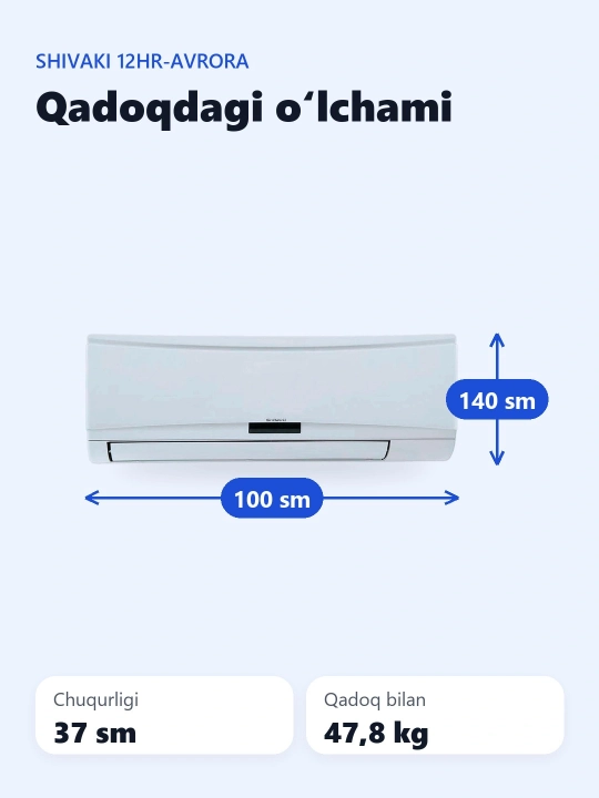 Devorga o'rnatilgan konditsioner Shivaki 12HR-AVRORA