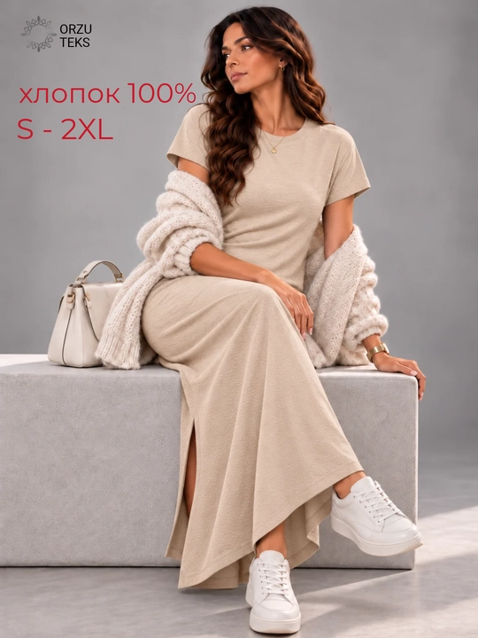 Ayollar ko‘ylagi, kundalik, uzun, midi, keng, 100% paxta, ORZU-TEKS