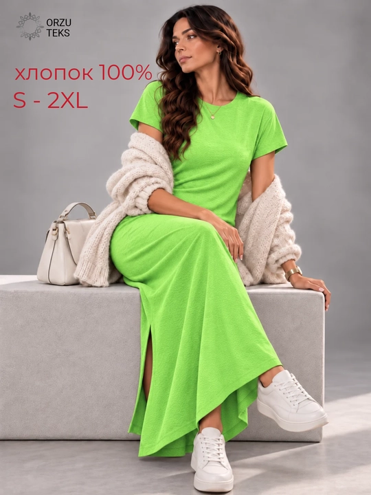 Ayollar ko‘ylagi, kundalik, uzun, midi, keng, 100% paxta, ORZU-TEKS