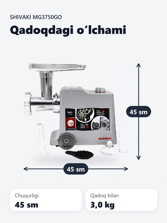 Shivaki MG-3750 go'sht maydalagich, 1800 Vt quvvatga ega - daqiqasiga 2,5 kg ish qismi